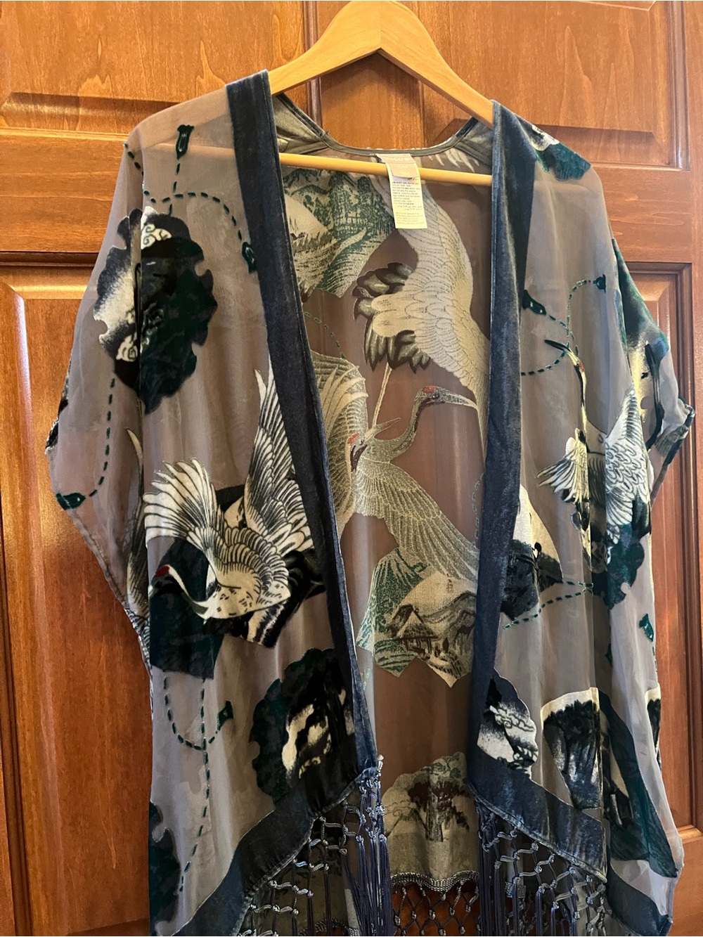 Chico's Kimono Burnout Velvet Open Front with Fringe Green Grey Size S/M - Picture 5 of 17